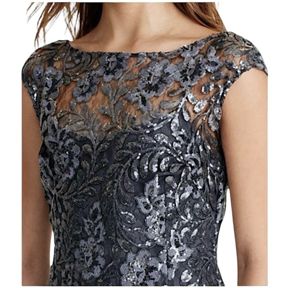 LAUREN RALPH LAUREN Sequined Lace Overlay Sheath Dress Deep Gray - Picture 2 of 14